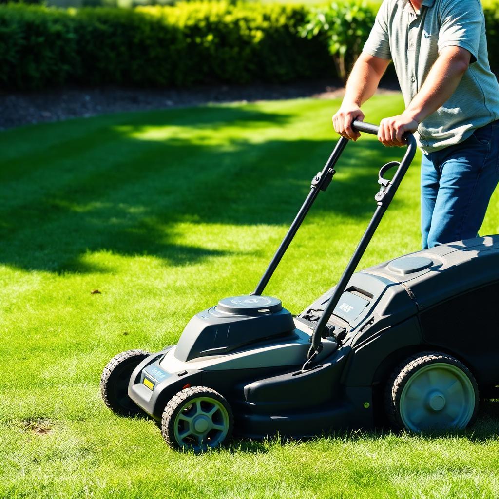 Landscaper mowing a lush striped green lawn