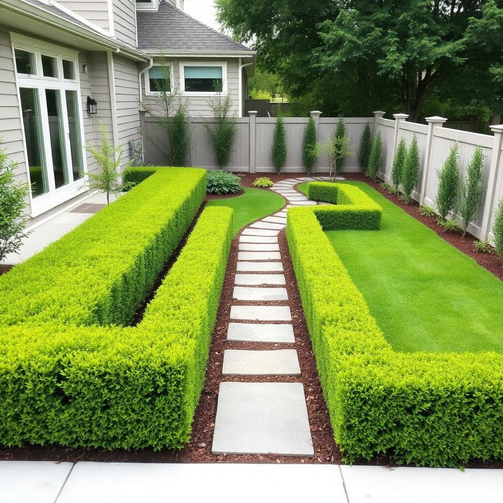 Manicured backyard with trimmed hedges and stone path
