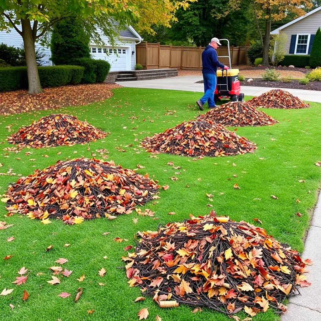 Neat piles of raked autumn leaves during a yard cleanup